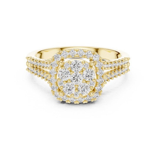 Round Cluster Halo Moissanite Ring with Split Pavé Shank in yellow 925 sterling silver, view 4