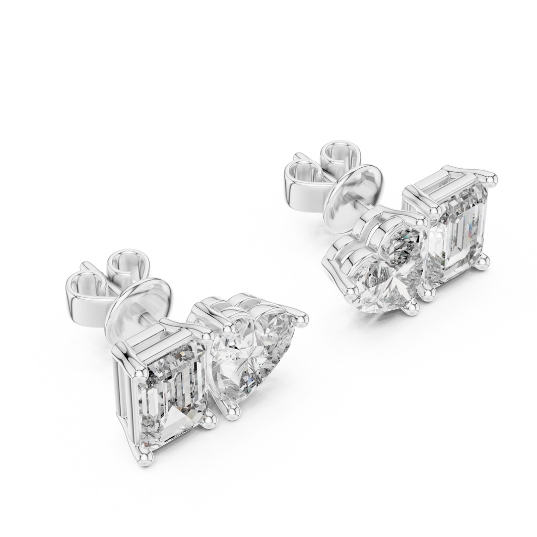 Heart and emerald moissanite toi et moi stud earrings in white 925 sterling silver, view 2