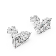 Heart and emerald moissanite toi et moi stud earrings in white 925 sterling silver, view 2