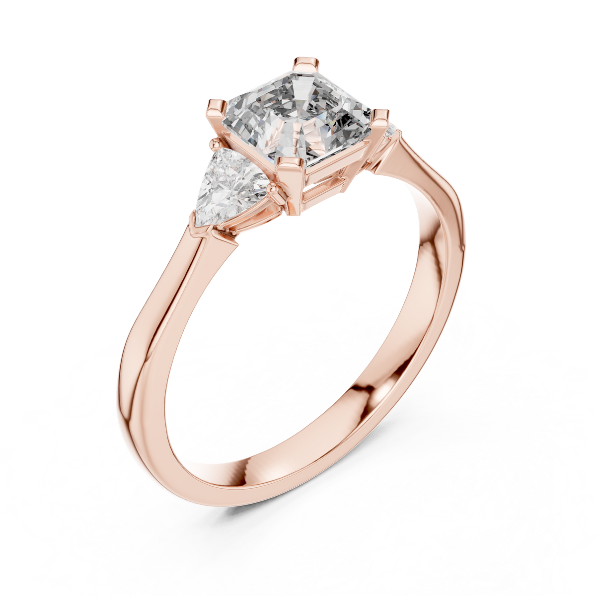 Asscher Cut and Trillion Three Stone Moissanite Ring in rose 925 sterling silver, view 2