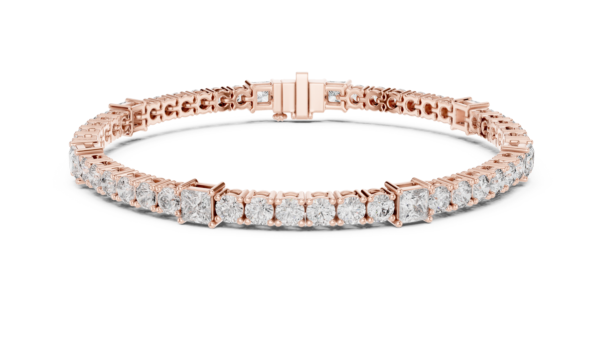 Princess Station Round Moissanite Tennis Bracelet in rose 925 sterling silver, view 1