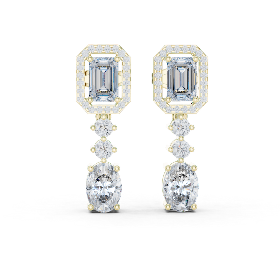 Emerald Halo Moissanite Oval Drop Earrings in yellow 925 sterling silver, view 1