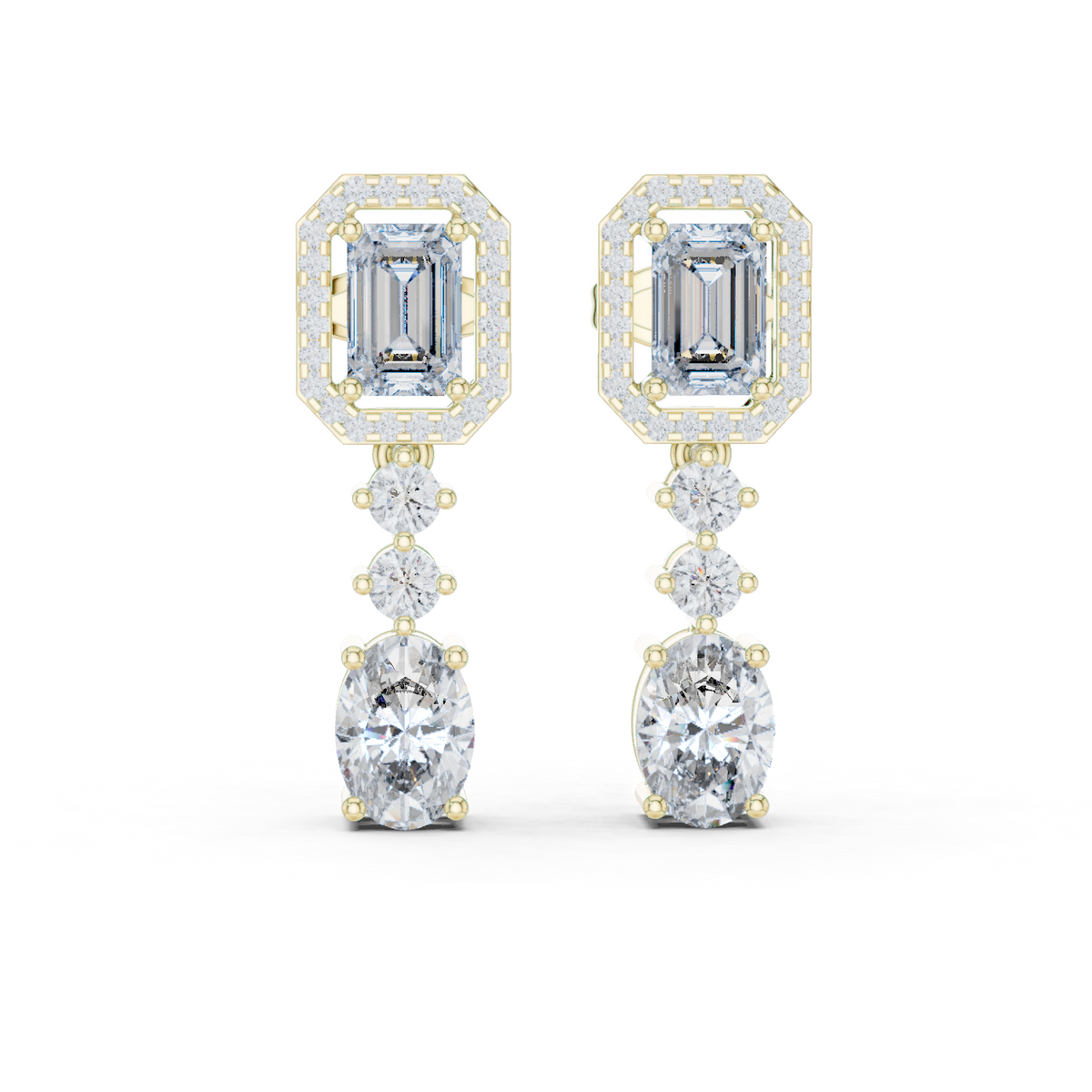 Emerald Halo Moissanite Oval Drop Earrings in yellow 925 sterling silver, view 1
