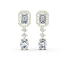 Emerald Halo Moissanite Oval Drop Earrings in yellow 925 sterling silver, view 1