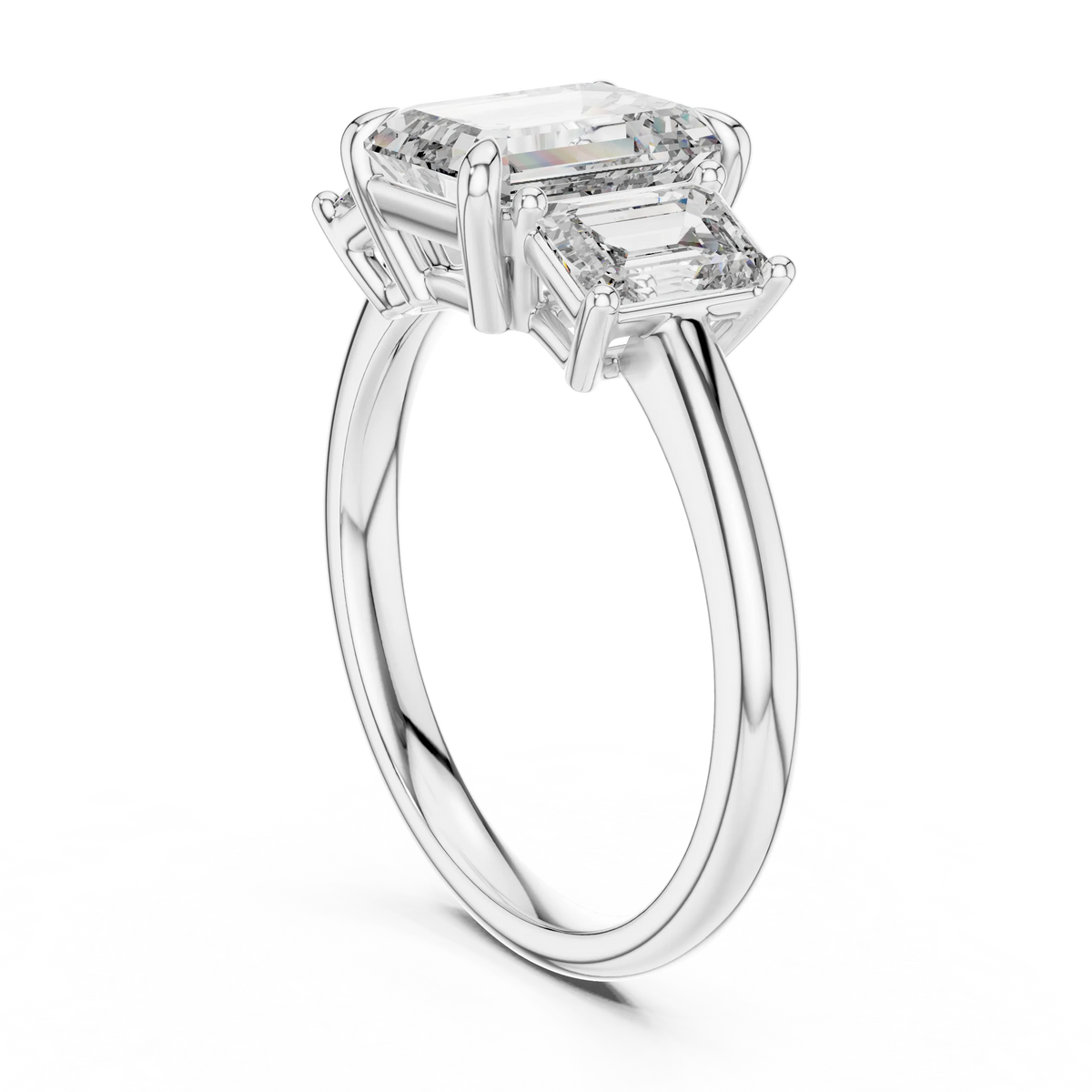 Emerald Cut Three Stone Moissanite Ring in white 925 sterling silver, view 1