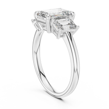 Emerald Cut Three Stone Moissanite Ring in white 925 sterling silver, view 1