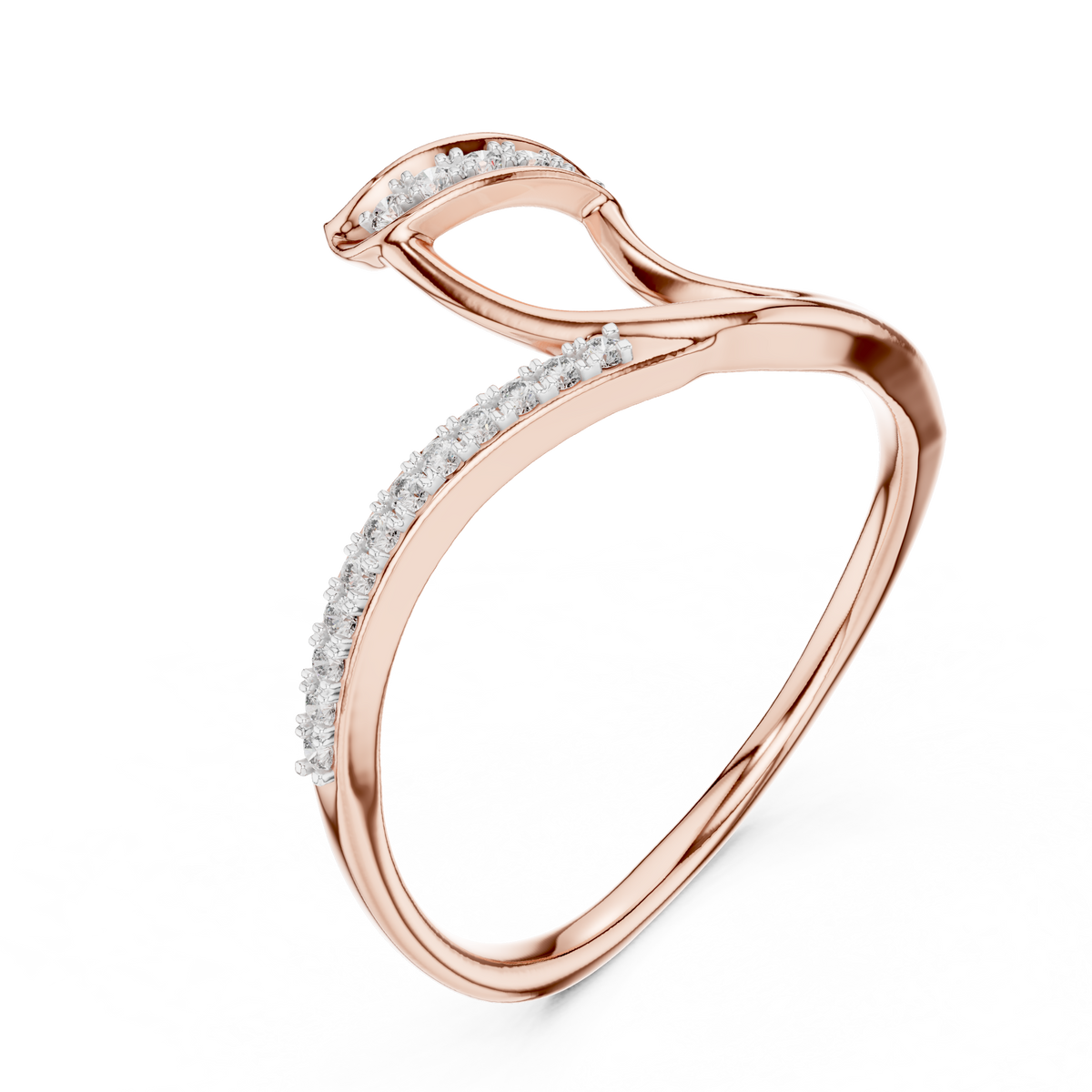 Ribbon Wave Bypass Moissanite Ring in rose 925 sterling silver, view 2