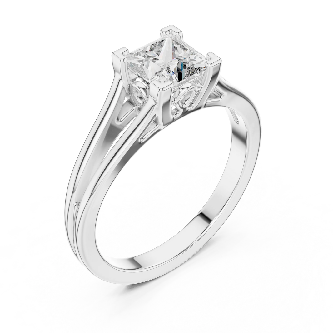 Princess Cut Solitaire Moissanite Split Shank Ring in white 925 sterling silver, view 2