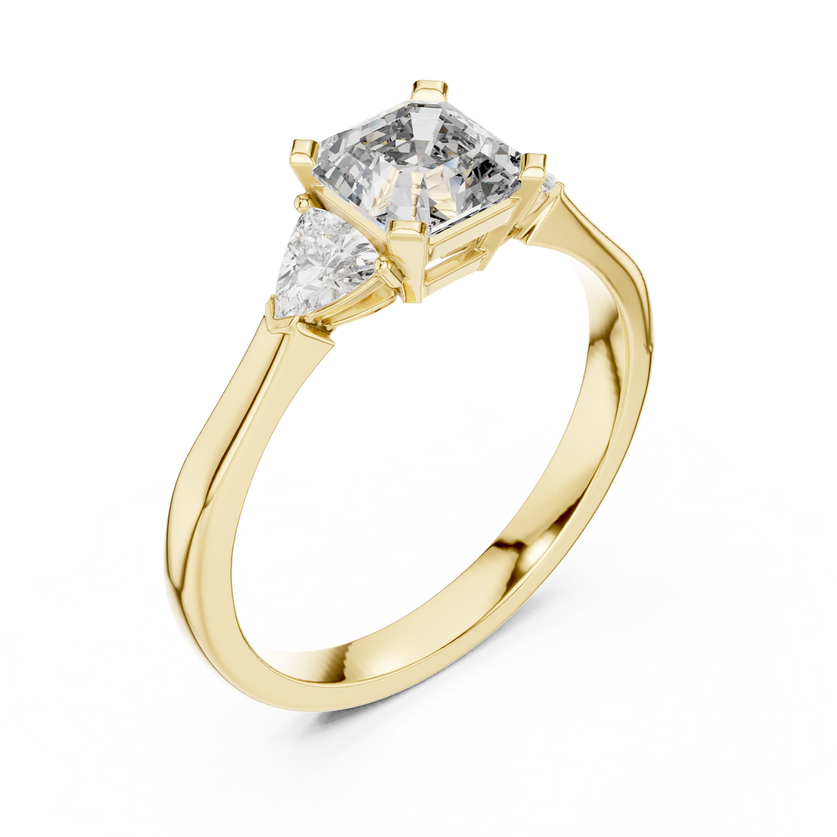 Asscher Cut and Trillion Three Stone Moissanite Ring in yellow 925 sterling silver, view 2