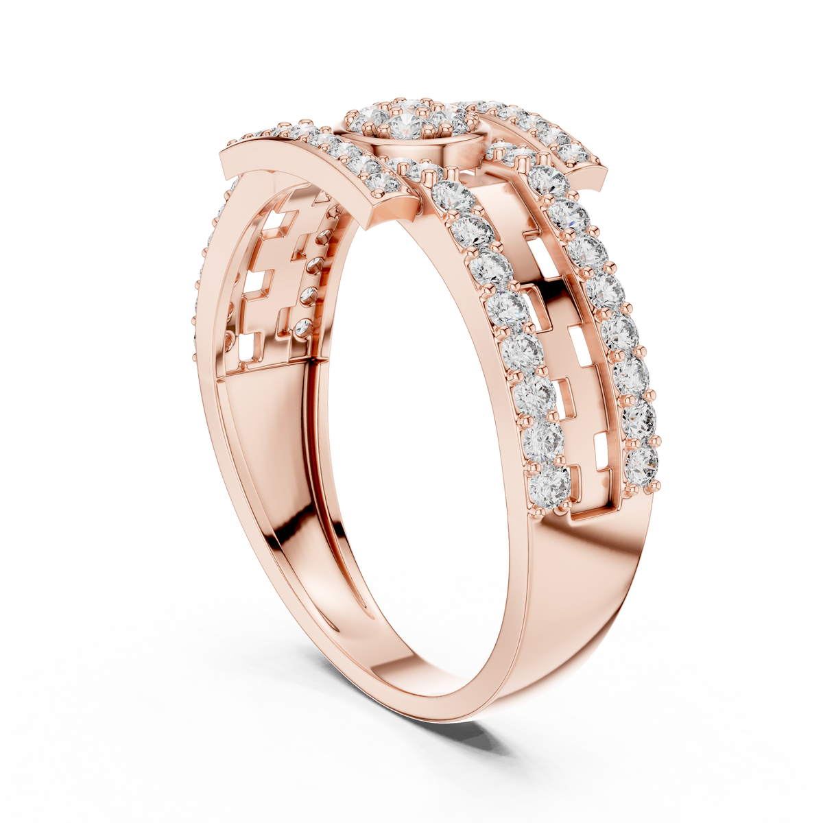Round Cluster Multi-Row Moissanite Statement Band in rose 925 sterling silver, view 1