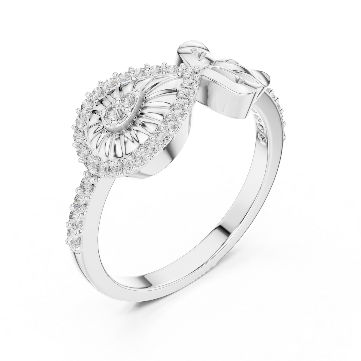 Teardrop Sunburst and Bow Pavé Moissanite Ring in white 925 sterling silver, view 2