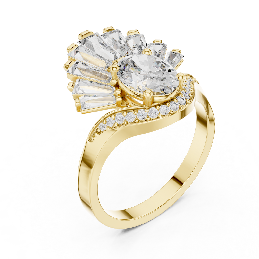 Oval Moissanite Ring with Baguette Fan Crown in yellow 925 sterling silver, view 2