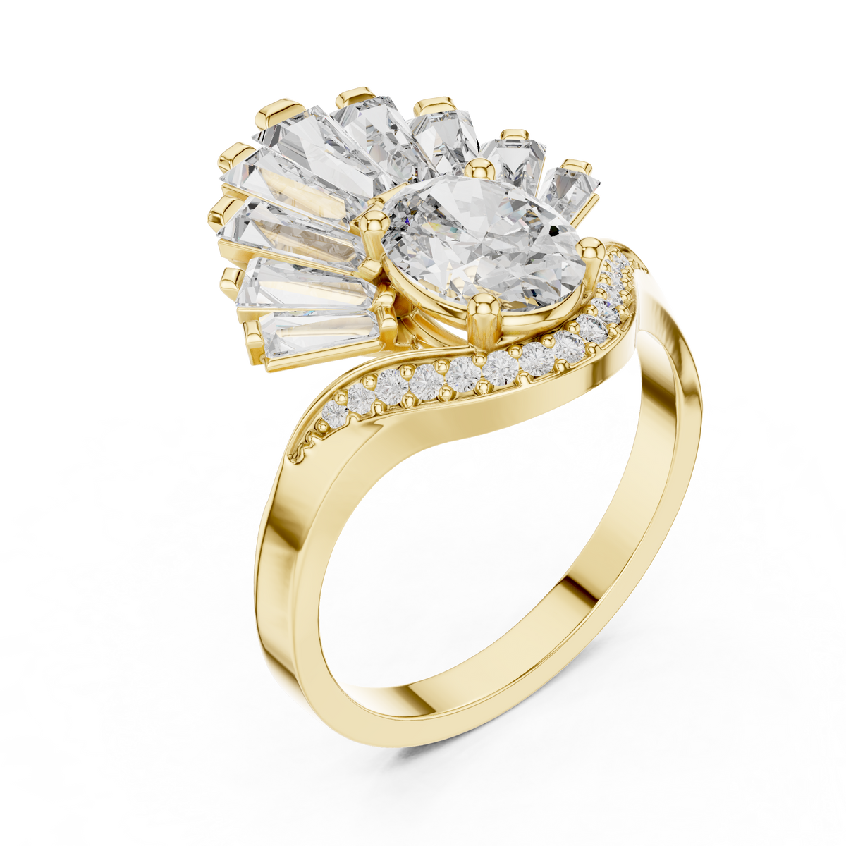 Oval Moissanite Ring with Baguette Fan Crown in yellow 925 sterling silver, view 2