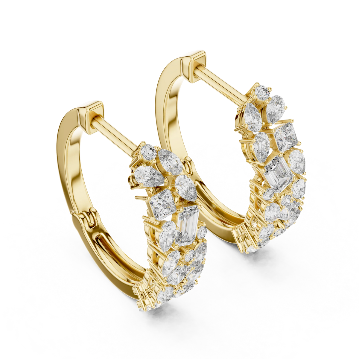 Mixed shape moissanite cluster hoop earrings in yellow 925 sterling silver, view 2