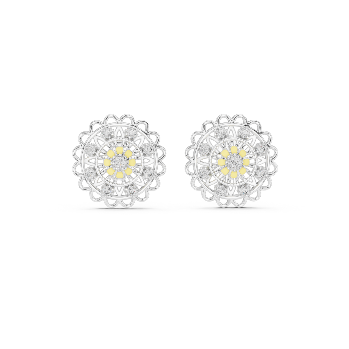Moissanite Mandala Flower Stud Earrings in white 925 sterling silver, view 4
