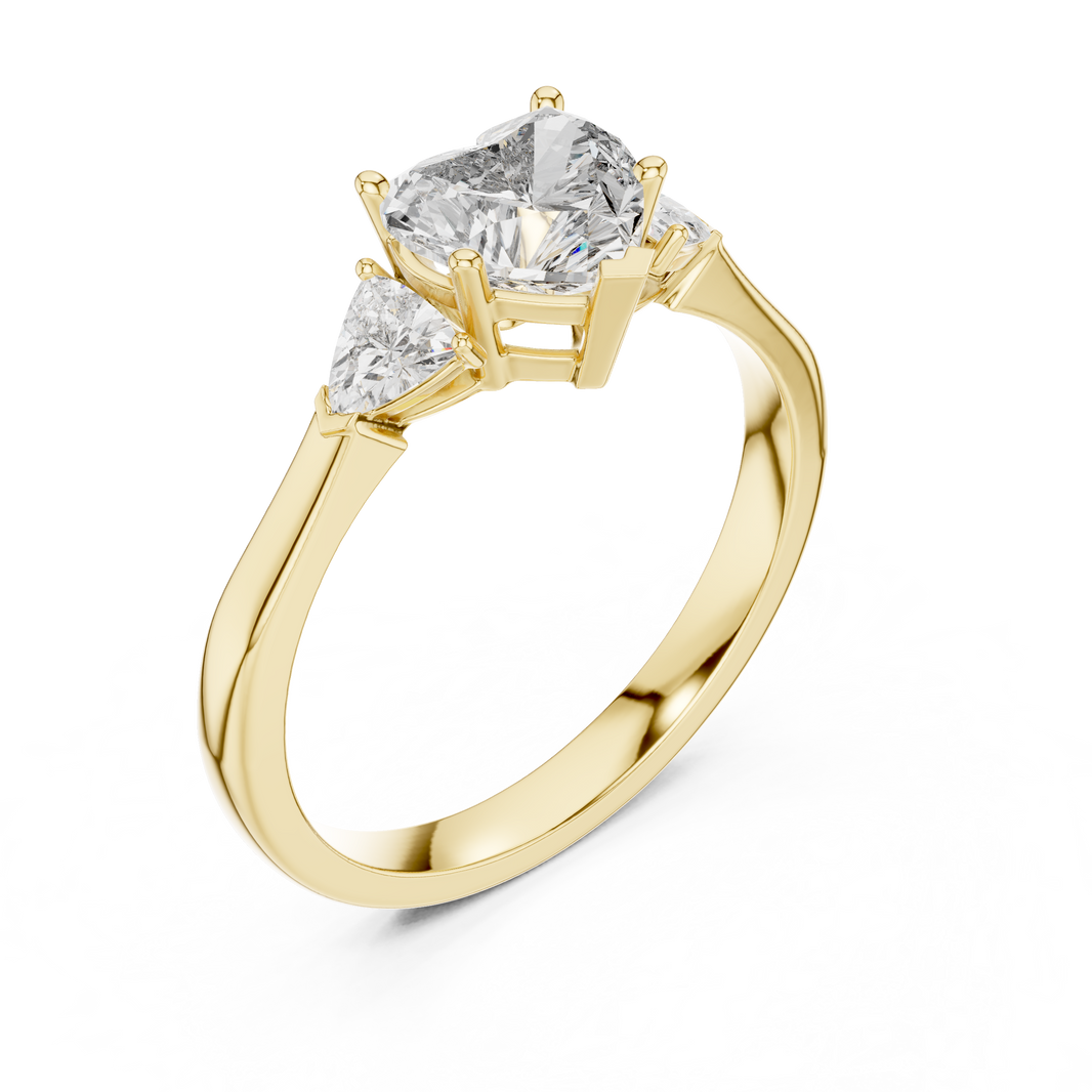 Heart and Trillion Three Stone Moissanite Ring in yellow 925 sterling silver, view 2