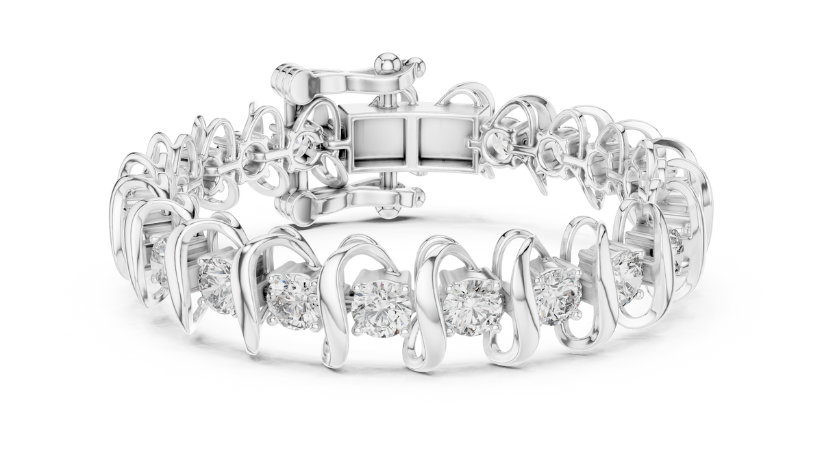 Round Moissanite Wave Link Bracelet in white 925 sterling silver, view 1
