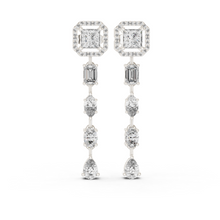 Princess Halo Mixed Shape Moissanite Line Drop Earrings in white 925 sterling silver, view 1