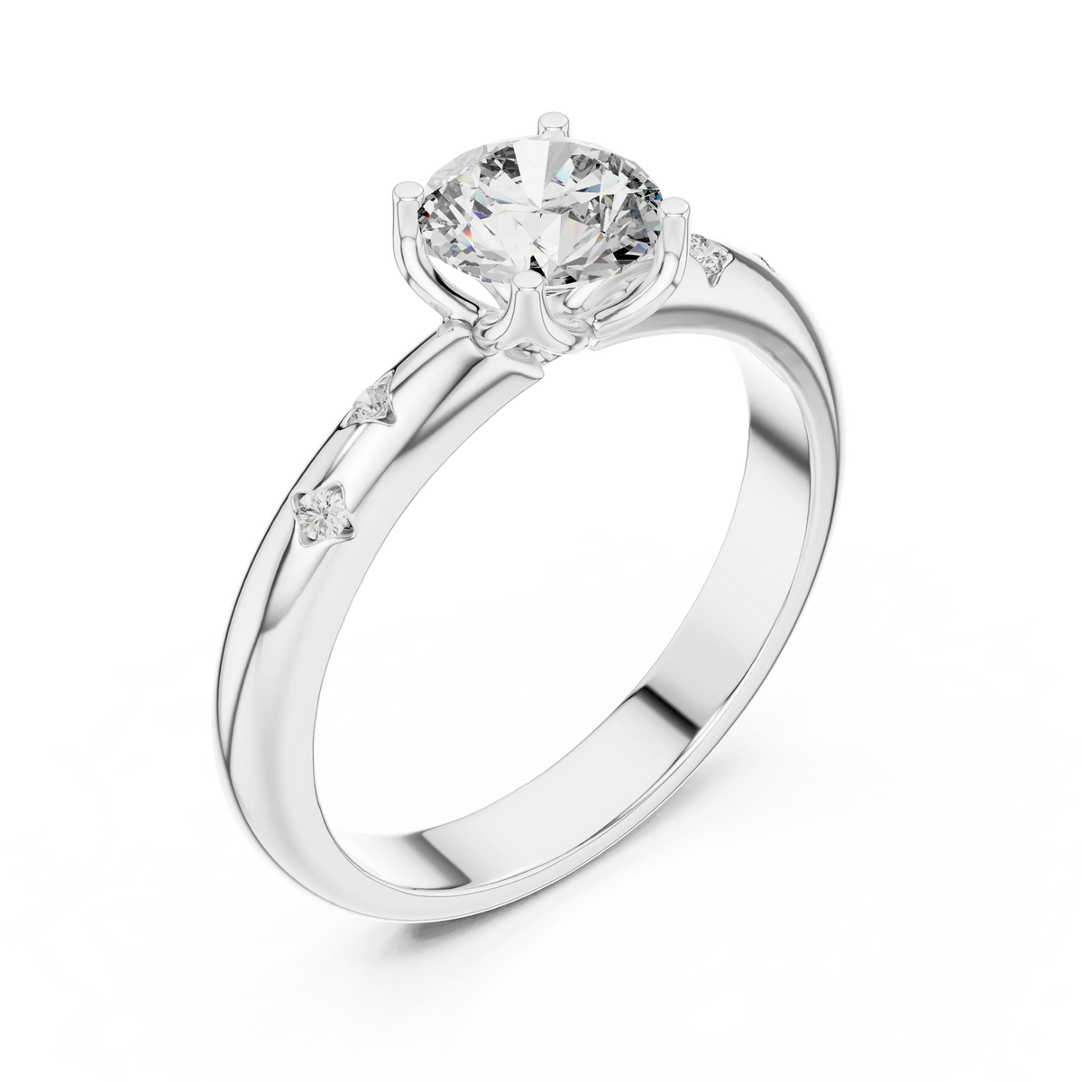 Round Solitaire Moissanite Ring with Bezel Accents in white 925 sterling silver, view 2