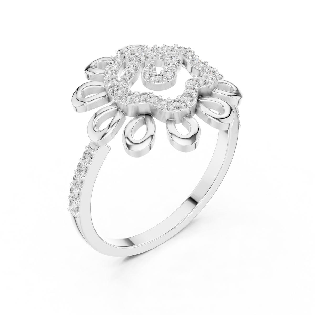Flower Petal Swirl Moissanite Cocktail Ring in white 925 sterling silver, view 2