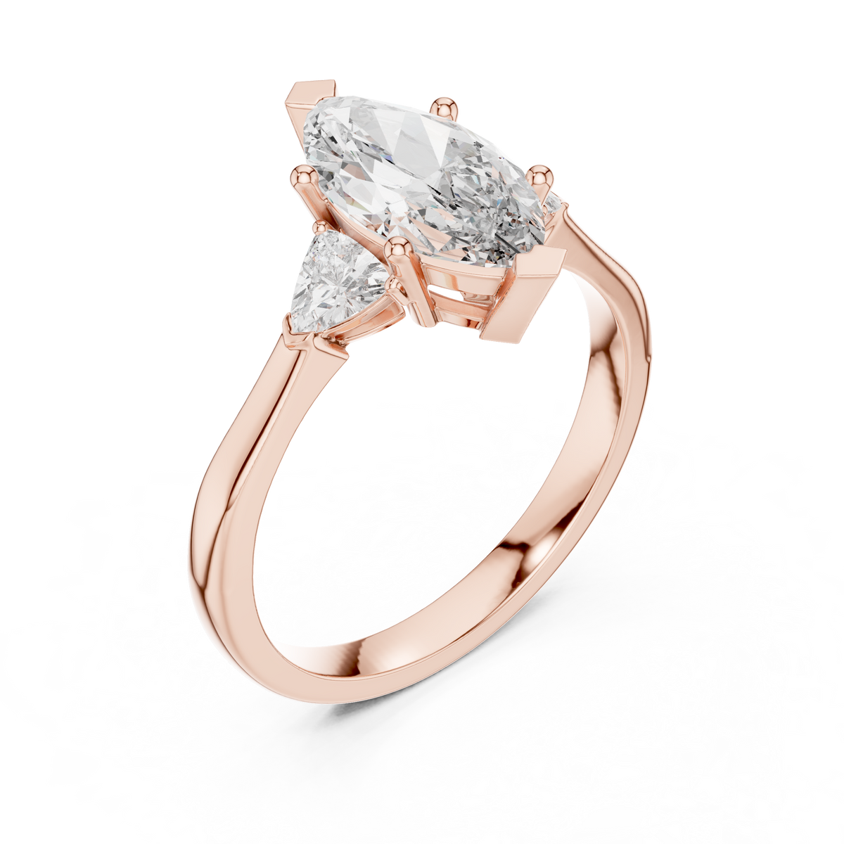 Marquise and Trillion Three Stone Moissanite Ring in rose 925 sterling silver, view 2
