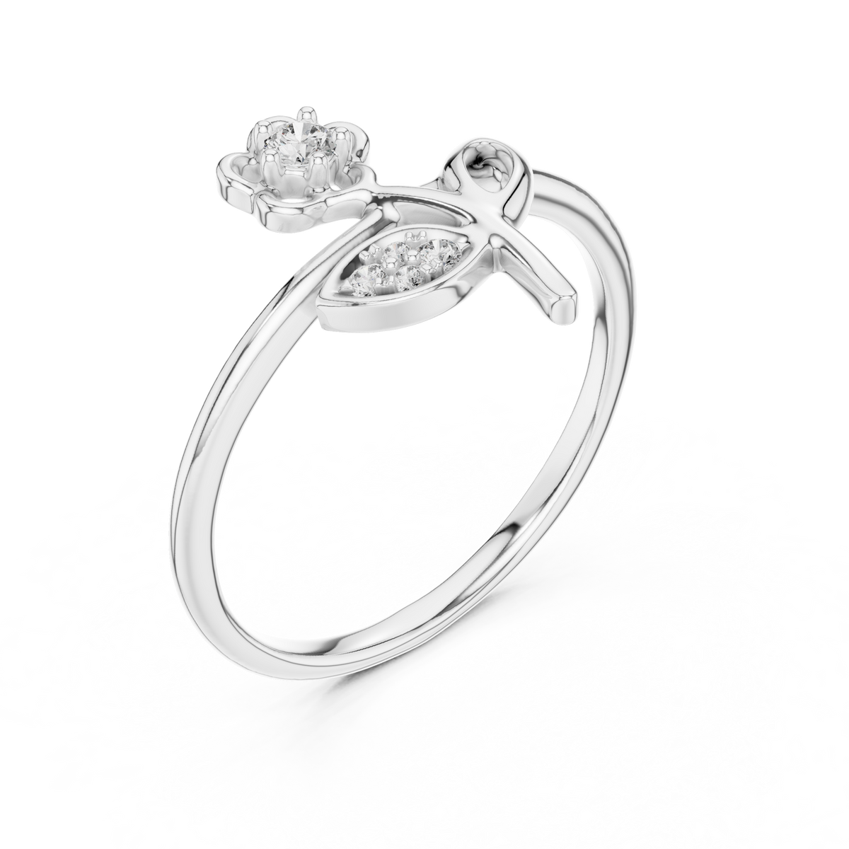 Flower on Stem Moissanite Ring in white 925 sterling silver, view 2