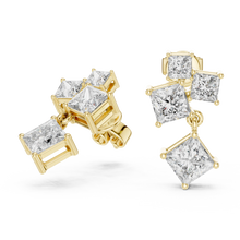 Princess cut moissanite cluster drop earrings in yellow 925 sterling silver, view 1