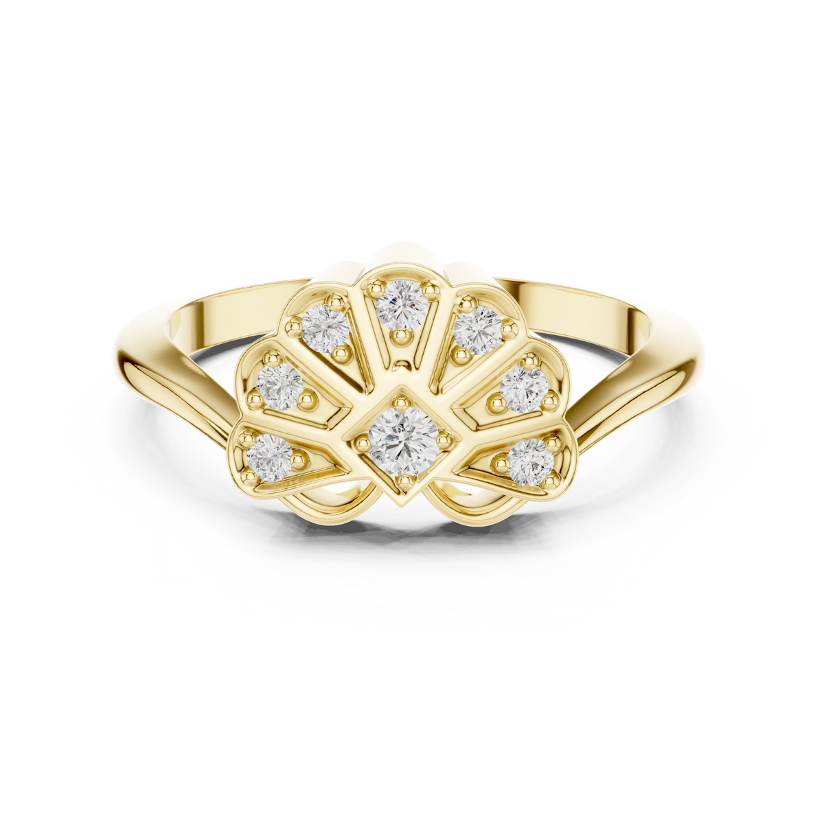 Art Deco Scalloped Fan Moissanite Cluster Ring in yellow 925 sterling silver, view 4