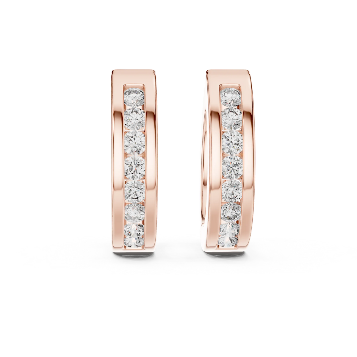Moissanite channel set huggie earrings in rose 925 sterling silver, view 4