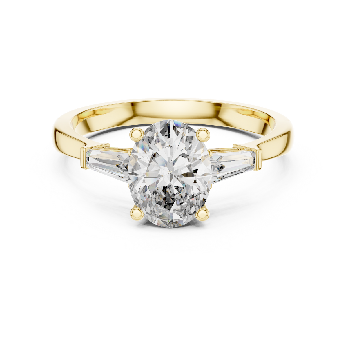 Oval Moissanite Ring with Tapered Baguette Sides in yellow 925 sterling silver, view 4