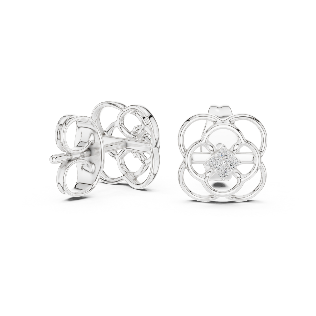 Moissanite Quatrefoil Cluster Stud Earrings in white 925 sterling silver, view 1