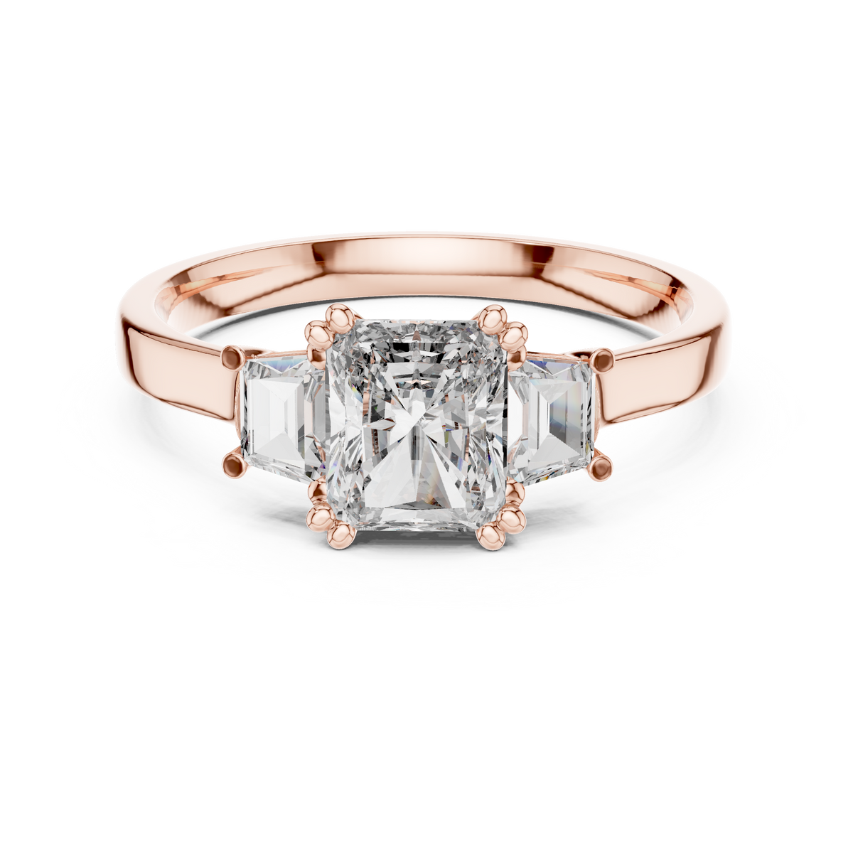 Radiant Cut Moissanite Ring with Trapezoid Side Stones in rose 925 sterling silver, view 4
