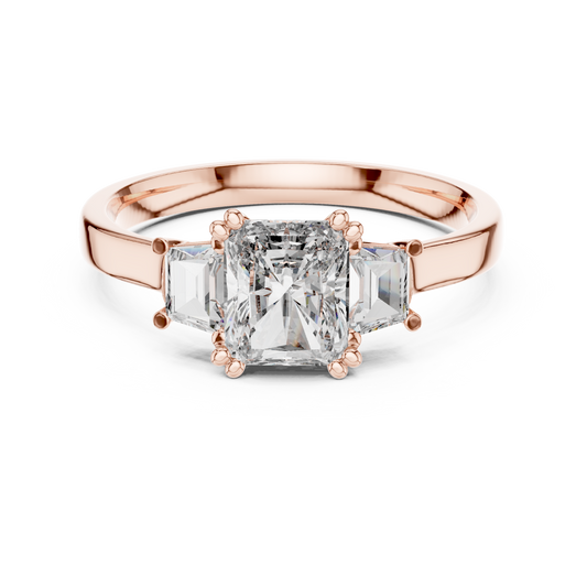 Radiant Cut Moissanite Ring with Trapezoid Side Stones in rose 925 sterling silver, view 4