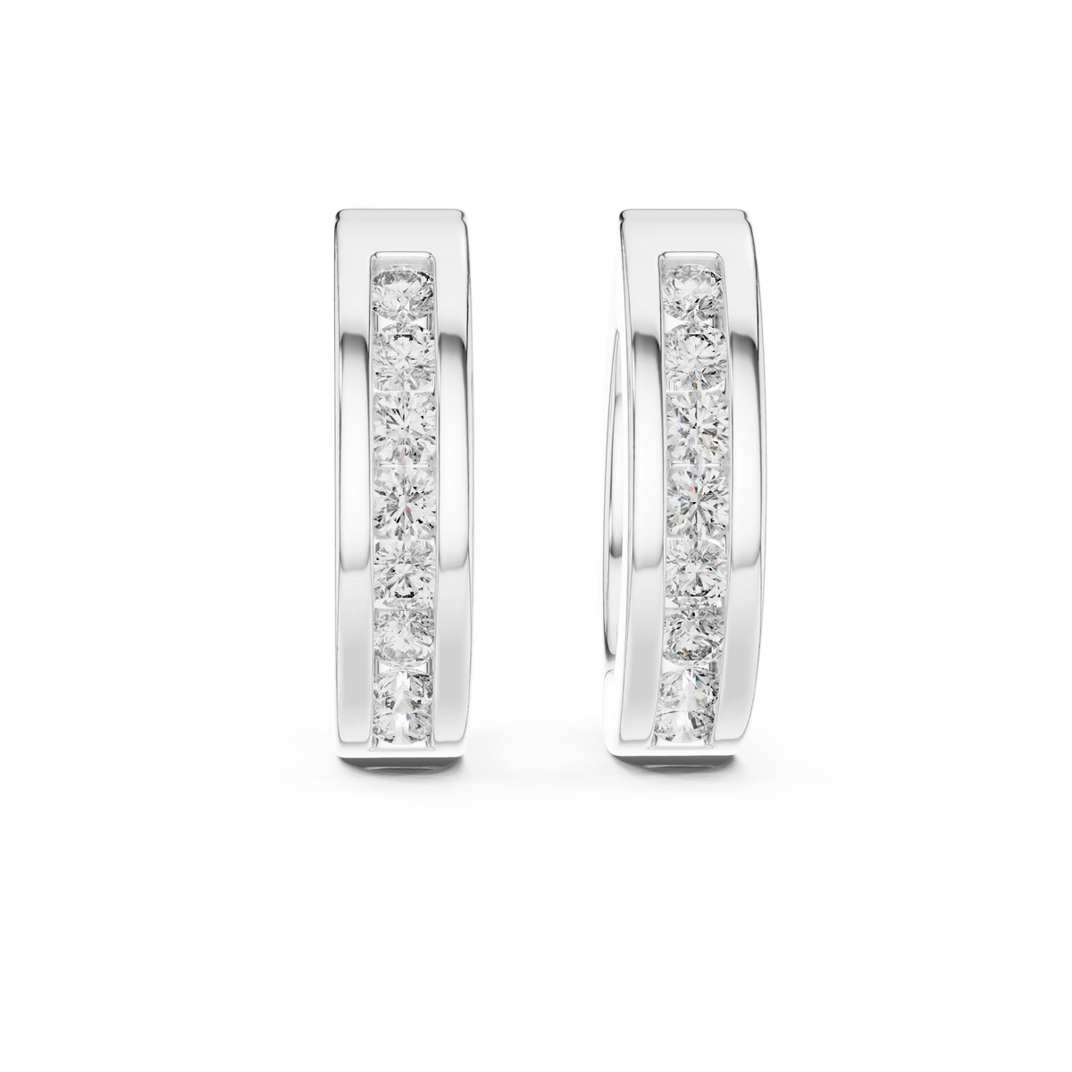 Moissanite channel set huggie earrings in white 925 sterling silver, view 4