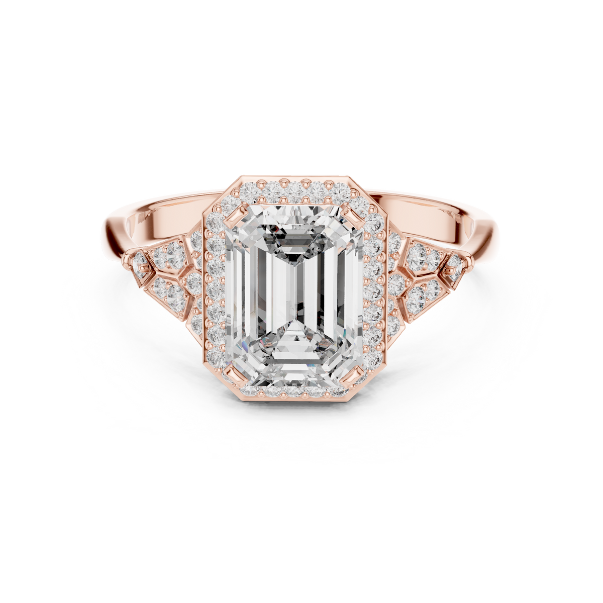 Emerald Cut Art Deco Halo Moissanite Ring in rose 925 sterling silver, view 4