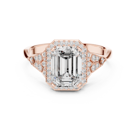 Emerald Cut Art Deco Halo Moissanite Ring in rose 925 sterling silver, view 4