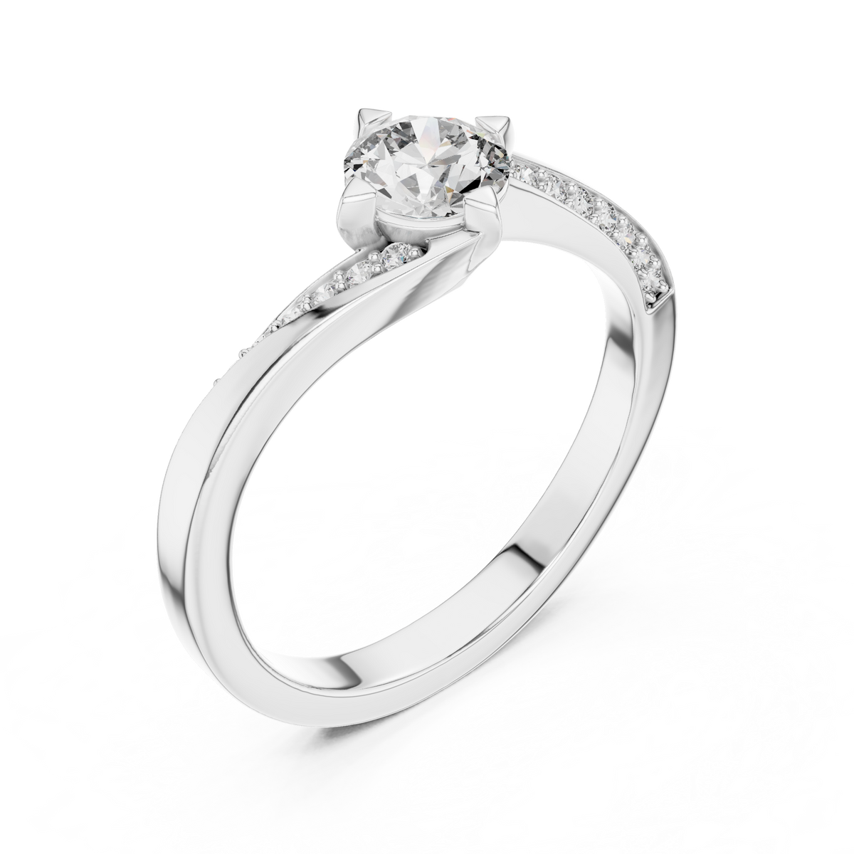 Bypass Solitaire Moissanite Ring with Pavé Shoulders in white 925 sterling silver, view 2