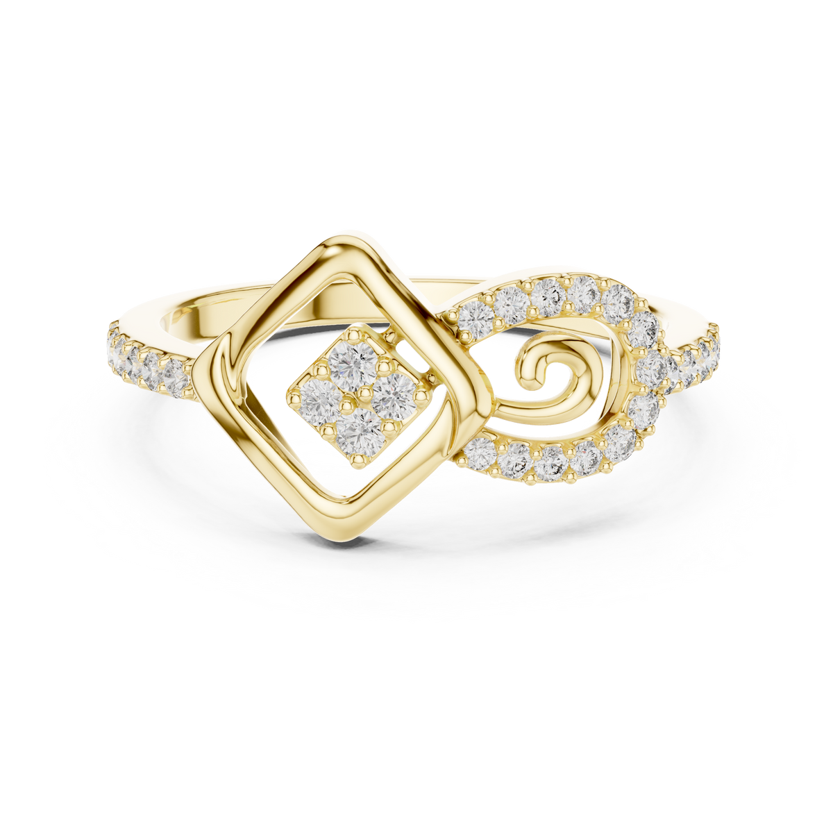 Open Square Cluster and Swirl Moissanite Ring in yellow 925 sterling silver, view 4