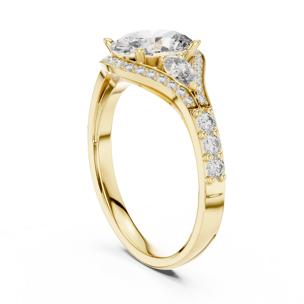 Oval and Pear Moissanite Halo Ring with Split Pavé Shoulders in yellow 925 sterling silver, view 1