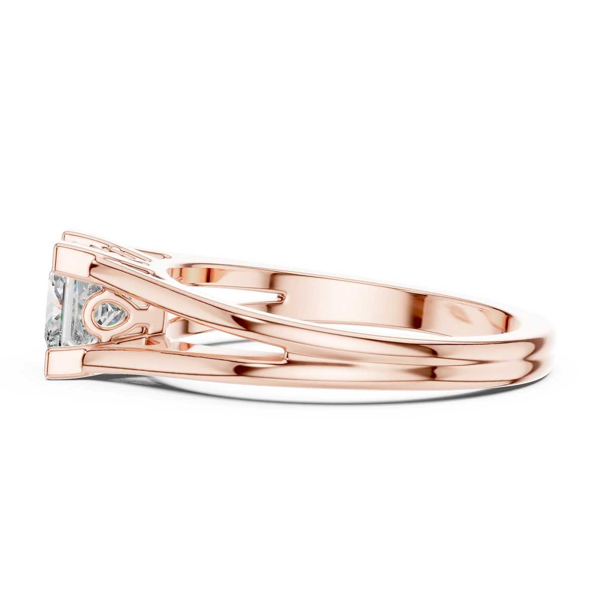 Princess Cut Solitaire Moissanite Split Shank Ring in rose 925 sterling silver, view 3