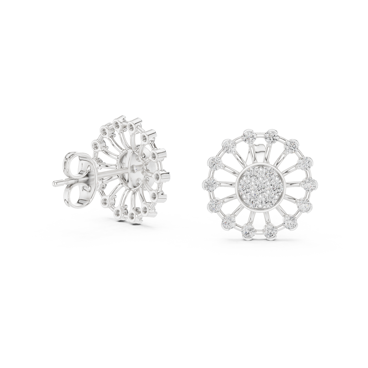 Moissanite Wheel Cluster Stud Earrings in white 925 sterling silver, view 1