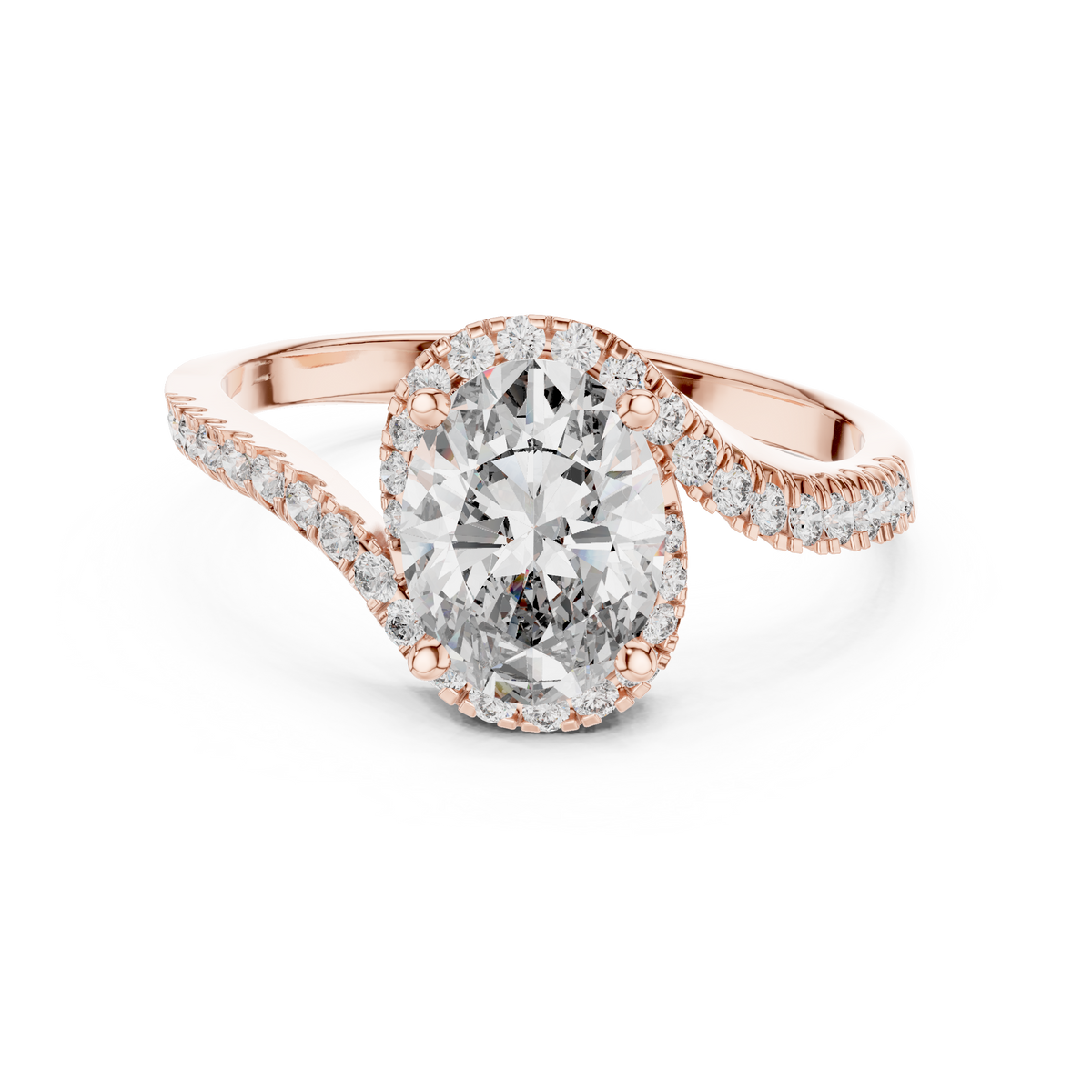 Oval Halo Moissanite Swirl Bypass Ring in rose 925 sterling silver, view 4