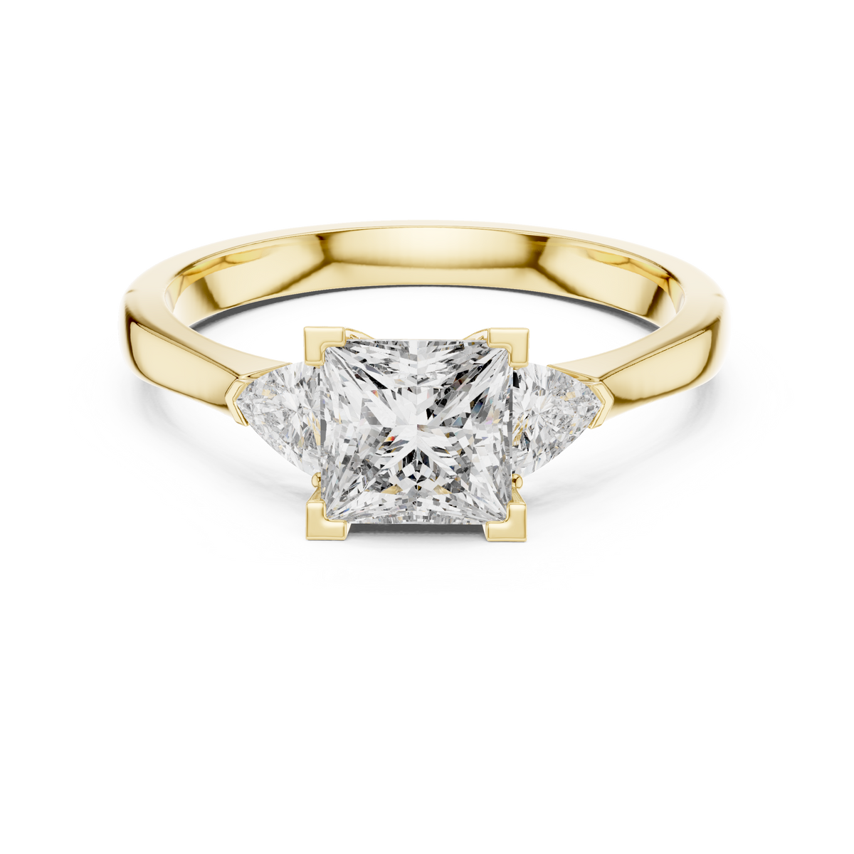 Princess Cut and Trillion Three Stone Moissanite Ring in yellow 925 sterling silver, view 4