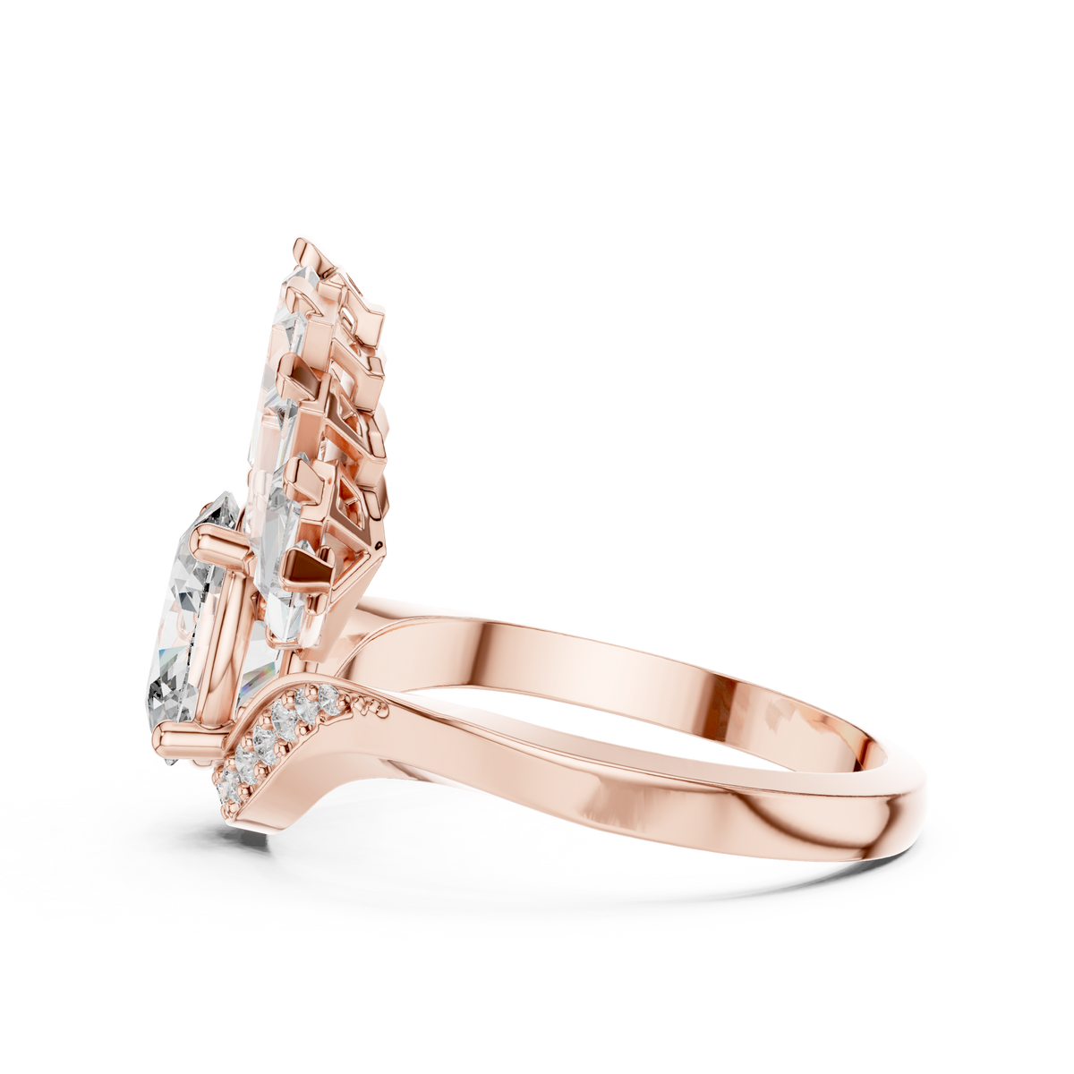 Oval Moissanite Ring with Baguette Fan Crown in rose 925 sterling silver, view 3