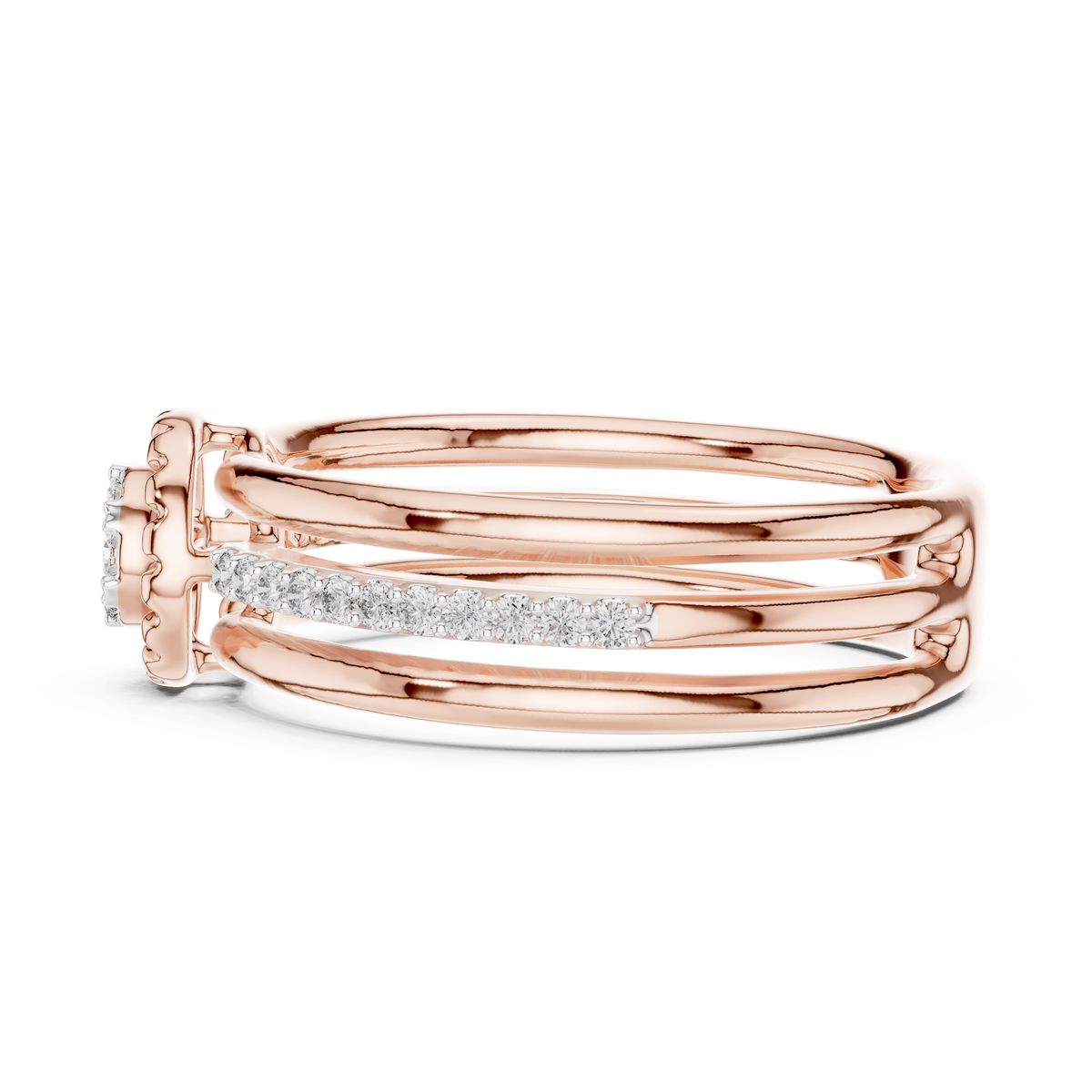 Triple Row Cluster Moissanite Ring in rose 925 sterling silver, view 3