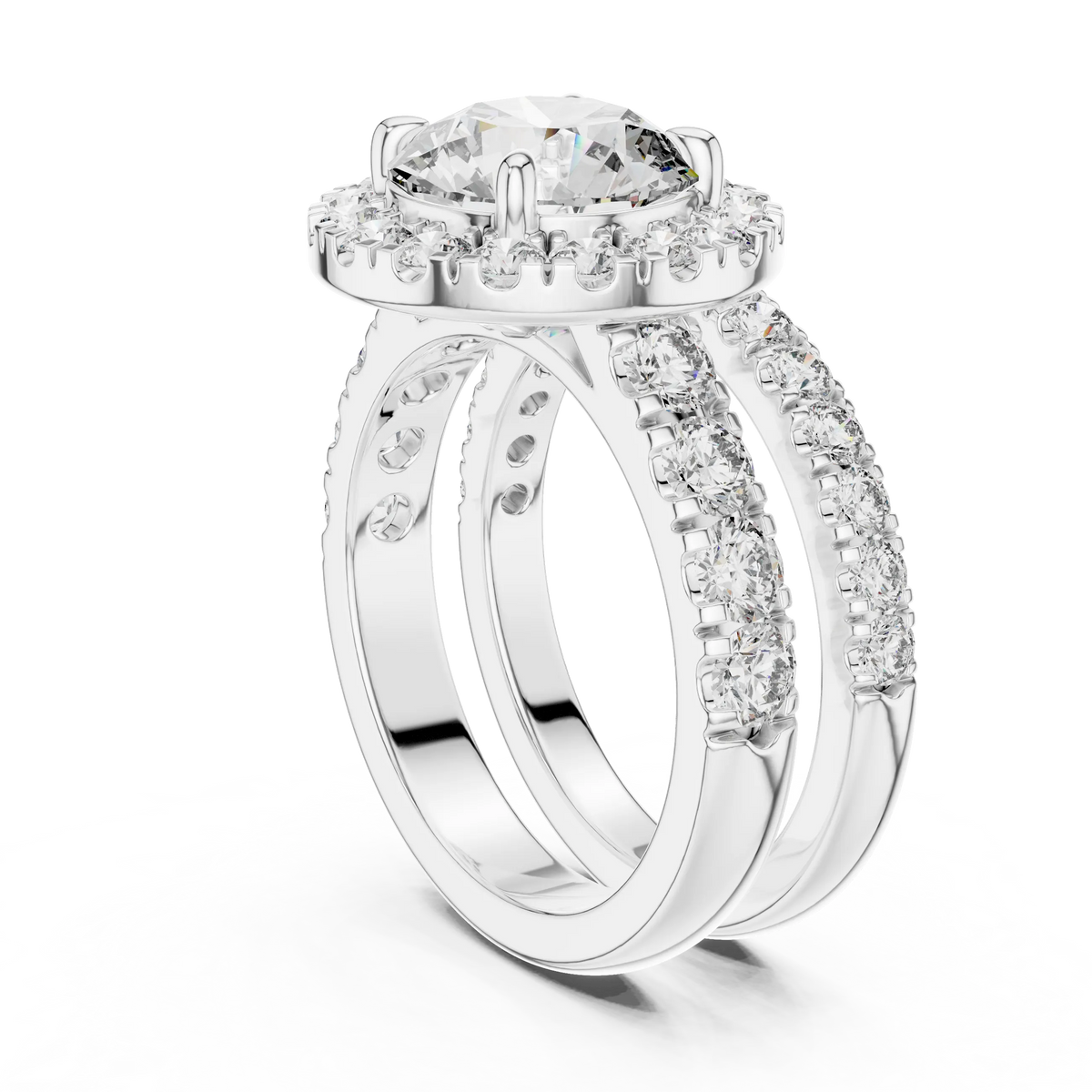 Round Halo Moissanite Double Band Ring in white 925 sterling silver, view 1