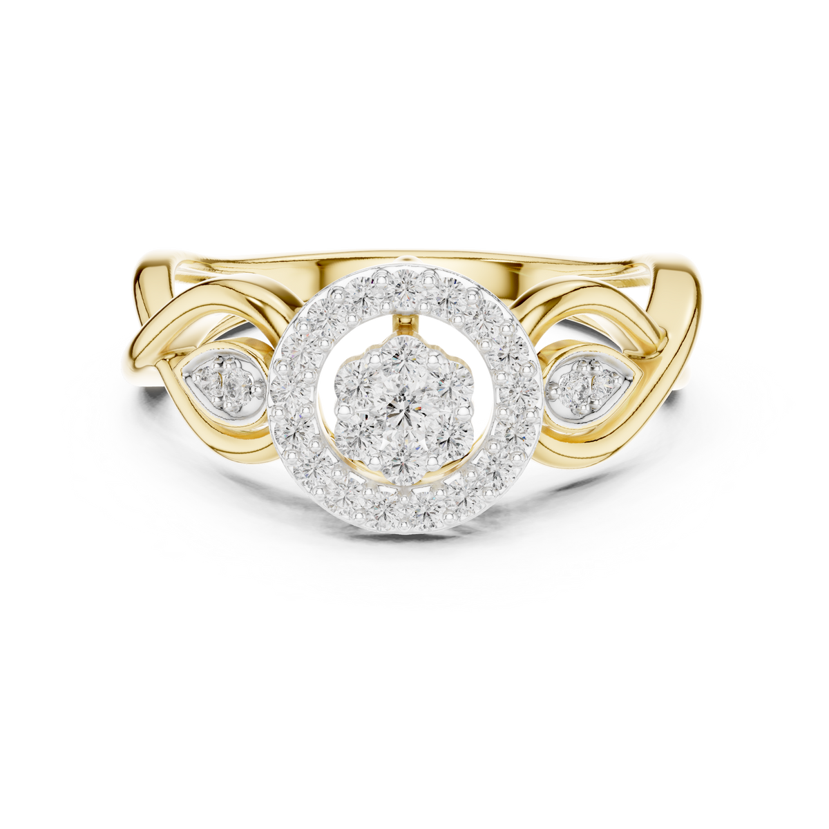 Cluster Halo Moissanite Ring with Scroll Accents in yellow 925 sterling silver, view 4