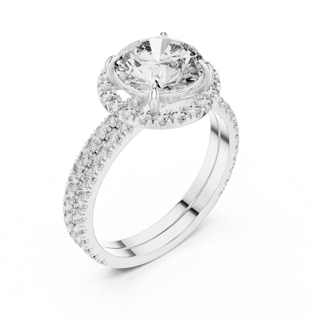 Round Halo Moissanite Engagement Ring with Pavé Band in white 925 sterling silver, view 2