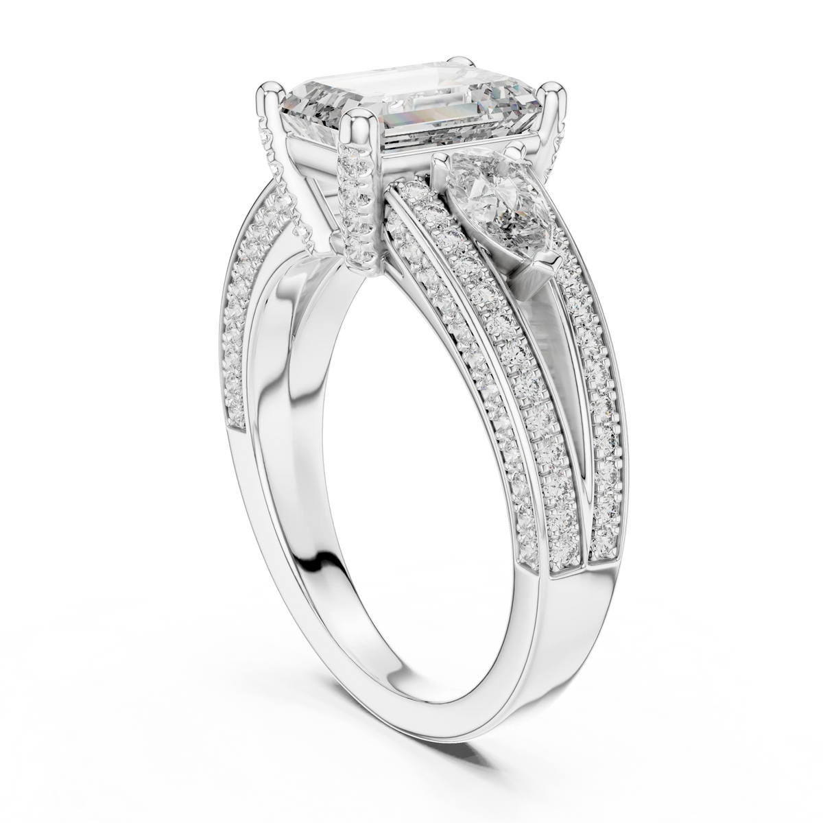 Emerald Cut Moissanite Ring with Pear Sides and Split Pavé Shank in white 925 sterling silver, view 1