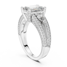 Emerald Cut Moissanite Ring with Pear Sides and Split Pavé Shank in white 925 sterling silver, view 1